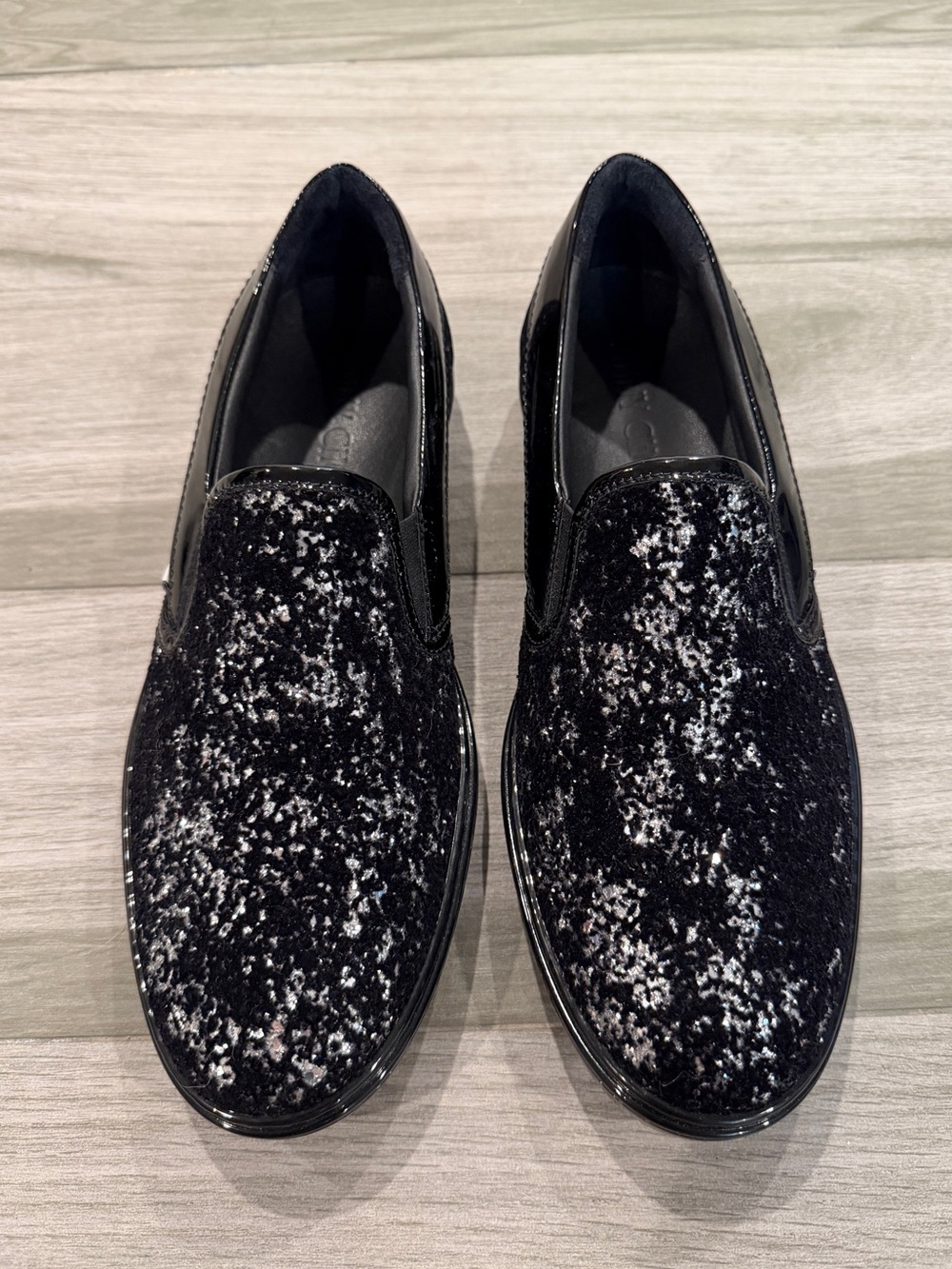 Jimmy Choo Black Sliver Glitter Velvet Patent Leather Slip-on Sneakers Shoes